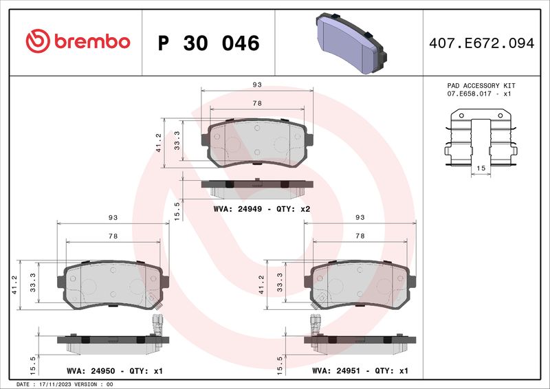 Zestaw klocków hamulcowych, hamulce tarczowe BREMBO P 30 046