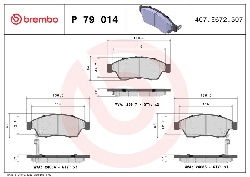 Zestaw klocków hamulcowych, hamulce tarczowe BREMBO P 79 014