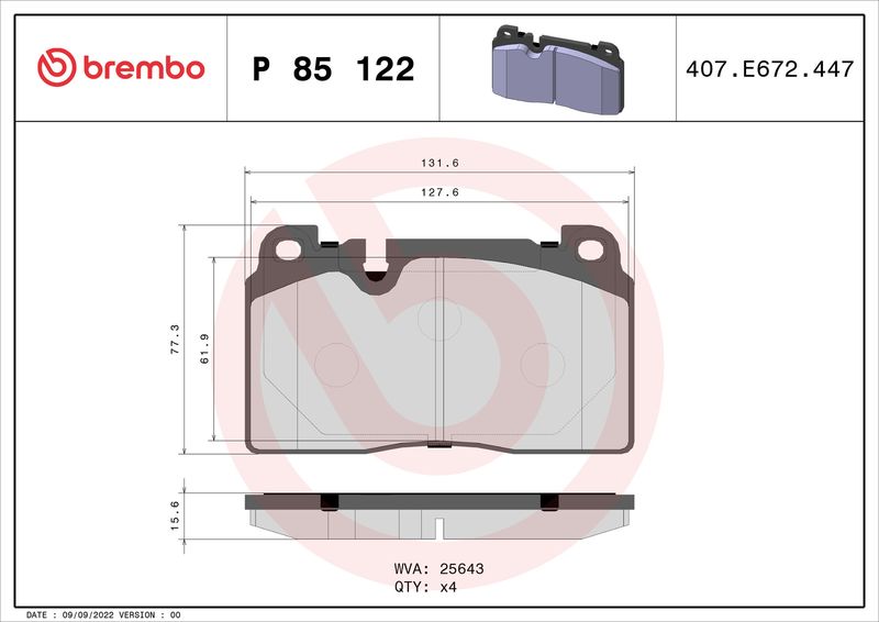 Zestaw klocków hamulcowych, hamulce tarczowe BREMBO P 85 122