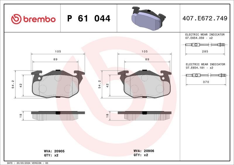 Zestaw klocków hamulcowych, hamulce tarczowe BREMBO P 61 044