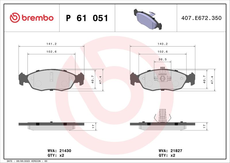 Zestaw klocków hamulcowych, hamulce tarczowe BREMBO P 61 051