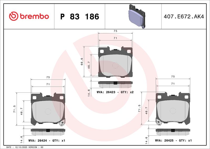 Zestaw klocków hamulcowych, hamulce tarczowe BREMBO P 83 186