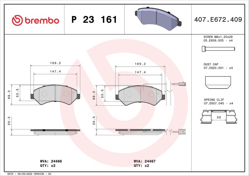 Zestaw klocków hamulcowych, hamulce tarczowe BREMBO P 23 161