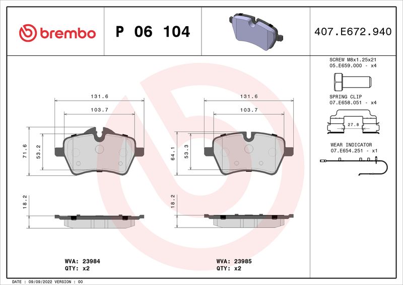 Zestaw klocków hamulcowych, hamulce tarczowe BREMBO P 06 104