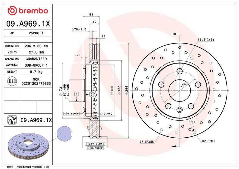 Tarcza hamulcowa BREMBO 09.A969.1X