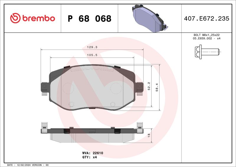 Zestaw klocków hamulcowych, hamulce tarczowe BREMBO P 68 068X