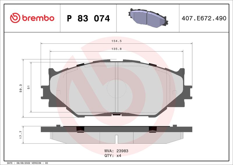 Zestaw klocków hamulcowych, hamulce tarczowe BREMBO P 83 074